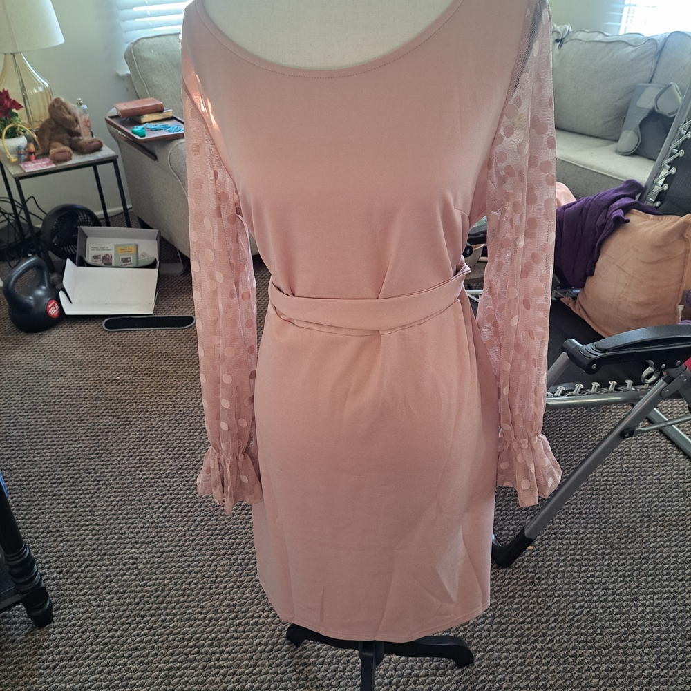 SHEIN Dusty Pink Long Sleeve Belted Dress with Sheer Polka-Dot Sleeves